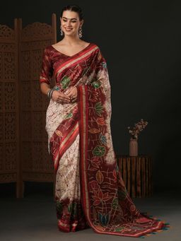 Akhilam - Womens Silk Blend Beige Printed Designer Saree with Unstitched Blouse