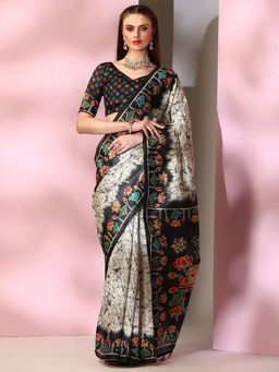 Akhilam - Womens Silk Blend Beige Printed Designer Saree with Unstitched Blouse