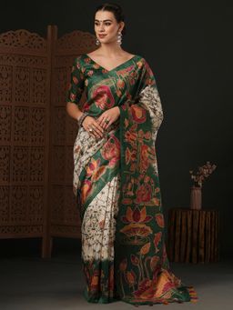 Akhilam - Womens Silk Blend Beige Printed Designer Saree with Unstitched Blouse
