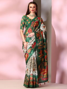 Akhilam - Womens Silk Blend Beige Printed Designer Saree with Unstitched Blouse