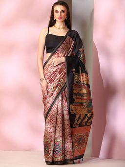 Akhilam - Womens Silk Blend Beige Printed Designer Saree with Unstitched Blouse