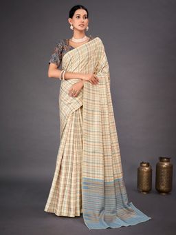Akhilam - Womens Silk Blend Beige Printed Designer Saree with Unstitched Blouse