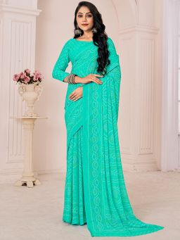 Akhilam - Womens Chiffon Turquoise Printed Designer Saree with Unstitched Blouse