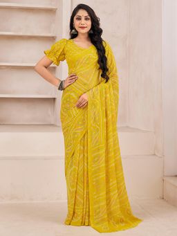 Akhilam - Womens Chiffon Yellow Printed Designer Saree with Unstitched Blouse