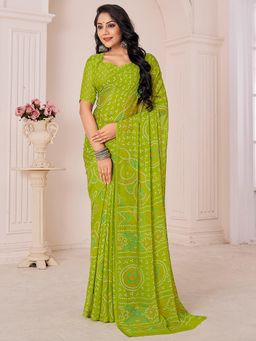 Akhilam - Womens Chiffon Green Printed Designer Saree with Unstitched Blouse