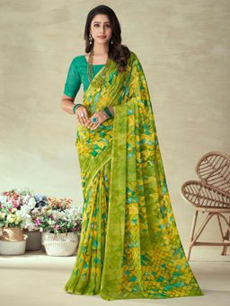 Akhilam - Womens Chiffon Green Printed Designer Saree with Unstitched Blouse