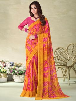 Akhilam - Womens Chiffon Pink Printed Designer Saree with Unstitched Blouse