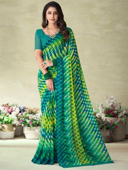 Akhilam - Womens Chiffon Green Printed Designer Saree with Unstitched Blouse