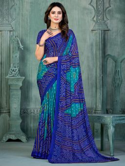 Akhilam - Womens Chiffon Blue Printed Designer Saree with Unstitched Blouse