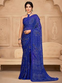 Akhilam - Womens Chiffon Blue Printed Designer Saree with Unstitched Blouse