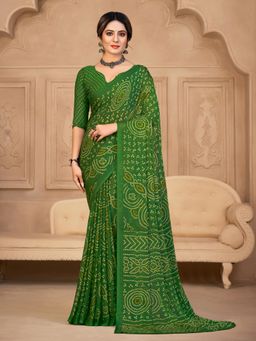 Akhilam - Womens Chiffon Green Printed Designer Saree with Unstitched Blouse