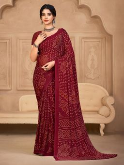 Akhilam - Womens Chiffon Burgundy Printed Designer Saree with Unstitched Blouse