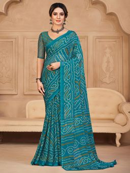 Akhilam - Womens Chiffon Blue Printed Designer Saree with Unstitched Blouse
