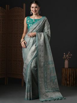 Akhilam - Womens Kota Doria Cotton Grey Printed Designer Saree with Unstitched Blouse