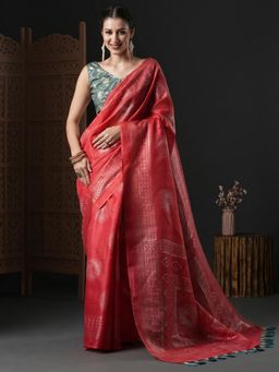 Akhilam - Womens Kota Doria Cotton Pink Printed Designer Saree with Unstitched Blouse