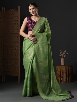 Akhilam - Womens Kota Doria Cotton Light Green Printed Designer Saree with Unstitched Blouse