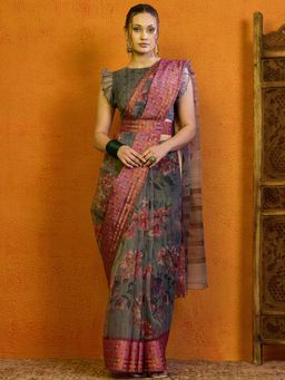 Akhilam - Womens Organza Grey Printed Designer Saree with Unstitched Blouse