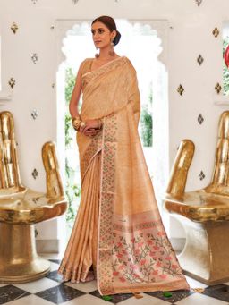 Sareemall - Womens Silk Blend Cream Printed Celebrity Saree with Unstitched Blouse