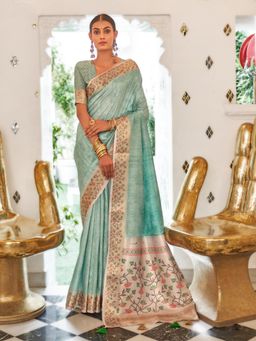 Sareemall - Womens Silk Blend Turquoise Printed Celebrity Saree with Unstitched Blouse