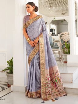 Sareemall - Womens Silk Blend Charcoal Grey Printed Celebrity Saree with Unstitched Blouse