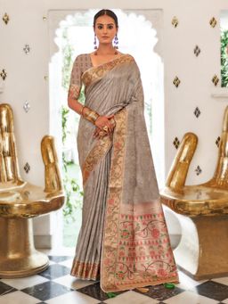 Sareemall - Womens Silk Blend Charcoal Grey Printed Celebrity Saree with Unstitched Blouse