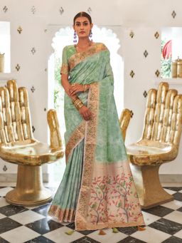 Sareemall - Womens Silk Blend Sea Green Printed Celebrity Saree with Unstitched Blouse