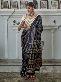 Sareemall - Womens Crepe Black Printed Celebrity Saree with Unstitched Blouse