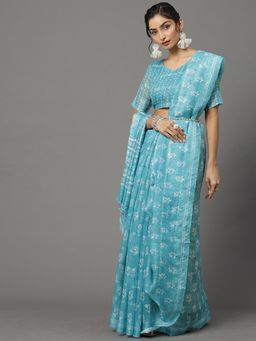 Akhilam - Womens Soft Silk Turquoise Printed Designer Saree with Unstitched Blouse