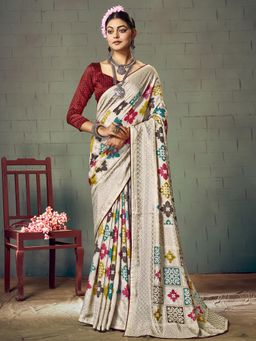 Akhilam - Womens Brasso Beige Printed Designer Saree with Unstitched Blouse
