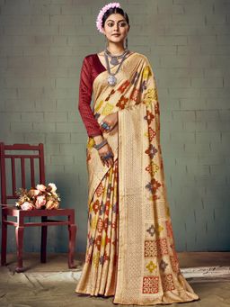 Akhilam - Womens Brasso Beige Printed Designer Saree with Unstitched Blouse