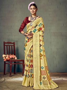Akhilam - Womens Brasso Yellow Printed Designer Saree with Unstitched Blouse