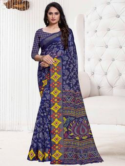 Akhilam - Womens Cotton Blend Navy Blue Printed Designer Saree with Unstitched Blouse