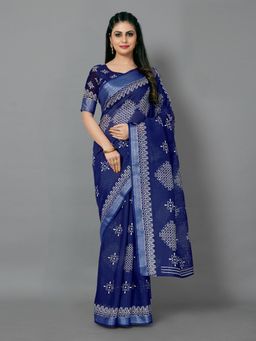 Akhilam - Womens Cotton Blend Navy Blue Printed Designer Saree with Unstitched Blouse