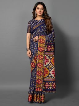 Akhilam - Womens Cotton Blend Navy Blue Printed Celebrity Saree with Unstitched Blouse
