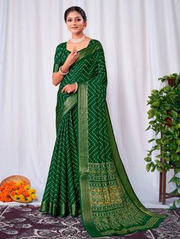 Akhilam - Womens Dola Silk Green Printed Designer Saree with Unstitched Blouse