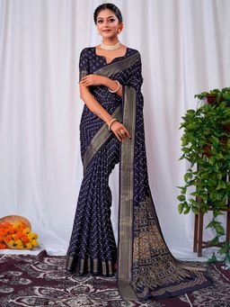 Akhilam - Womens Dola Silk Navy Blue Printed Designer Saree with Unstitched Blouse