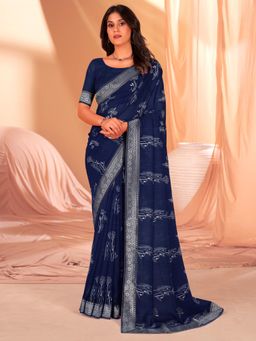 Akhilam - Womens Georgette Navy Blue Printed Designer Saree with Unstitched Blouse