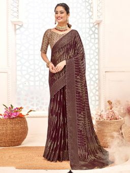 Sareemall - Womens Brasso Burgundy Printed Designer Saree with Unstitched Blouse