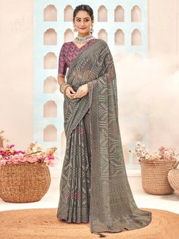 Sareemall - Womens Brasso Grey Printed Designer Saree with Unstitched Blouse