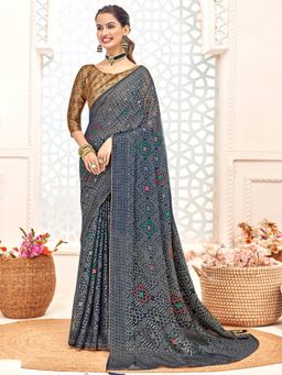 Sareemall - Womens Brasso Navy Blue Printed Designer Saree with Unstitched Blouse