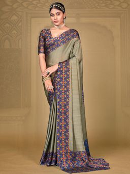 Akhilam - Womens Chiffon Grey Printed Designer Saree with Unstitched Blouse