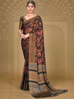 Akhilam - Womens Chiffon Navy Blue Printed Designer Saree with Unstitched Blouse