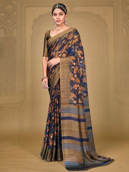 Akhilam - Womens Chiffon Navy Blue Printed Designer Saree with Unstitched Blouse