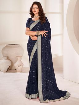 Akhilam - Womens Georgette Navy Blue Printed Designer Saree with Unstitched Blouse