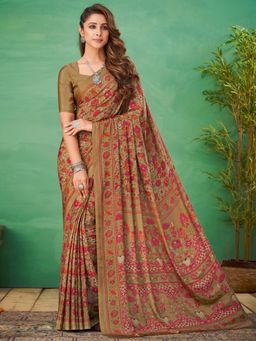 Akhilam - Womens Crepe Beige Printed Designer Saree with Unstitched Blouse