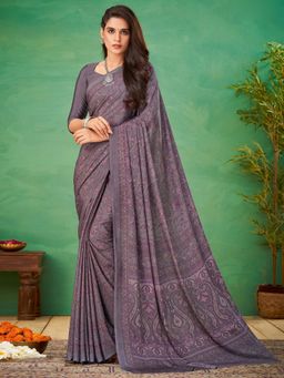 Akhilam - Womens Crepe Mauve Printed Designer Saree with Unstitched Blouse