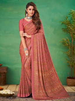 Akhilam - Womens Crepe Pink Printed Designer Saree with Unstitched Blouse