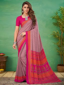 Akhilam - Womens Crepe Pink Printed Designer Saree with Unstitched Blouse