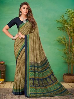 Akhilam - Womens Crepe Navy Blue Printed Designer Saree with Unstitched Blouse