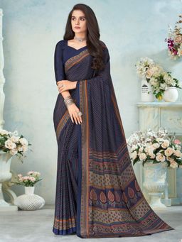 Akhilam - Womens Crepe Navy Blue Printed Designer Saree with Unstitched Blouse